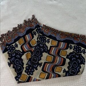 J McLaughlin tribal print scarf black, cream, yellow, blue, and rust